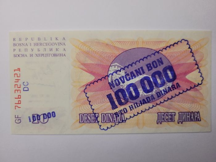 Bosnia - Herzegovina  100,000-100.000,000 Dinara, 1992-1994, 6 notes