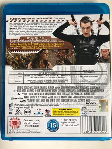 Resident Evil Afterlife [2010] Milla Jovovich, Ali Larter, Kim Coates, Shawn Roberts, Spencer Locke, Boris Kodjoe & Wentworth Miller [Blu-ray Movie]