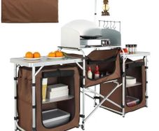Folding Outdoor Cooking Table with Storage Carrying Bag, Aluminum Cook Station 3 Cupboard & Detachable Windscreen, Quick Set-up for Picnics, BBQ, RV Traveling, Brown