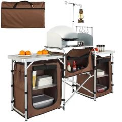 Folding Outdoor Cooking Table with Storage Carrying Bag, Aluminum Cook Station 3 Cupboard & Detachable Windscreen, Quick Set-up for Picnics, BBQ, RV Traveling, Brown