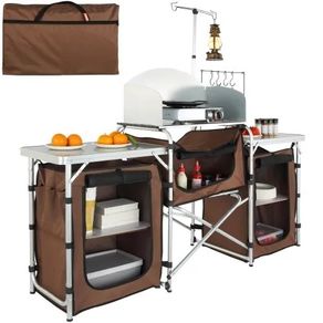 Folding Outdoor Cooking Table with Storage Carrying Bag, Aluminum Cook Station 3 Cupboard & Detachable Windscreen, Quick Set-up for Picnics, BBQ, RV Traveling, Brown