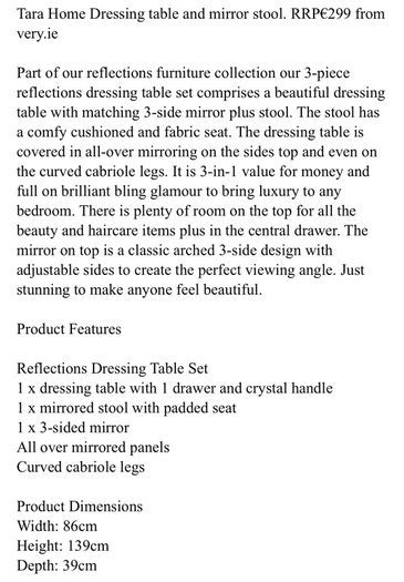 Beautiful mirrored dressing table with three fold mirror and stool.  Collection Mornington