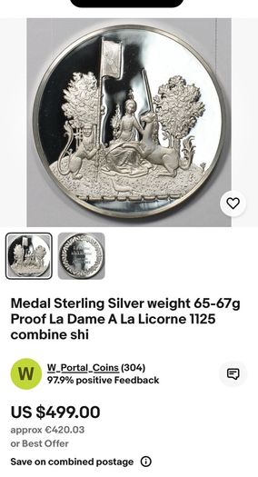 Rare Medal Sterling Silver 925 weight 65g Proof La Dame A La Licorne fraklin mint 2.3oz