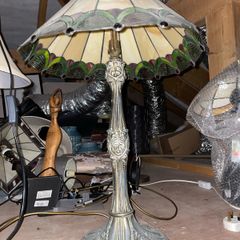 Large Vintage Tiffany-Style Stained Glass Table Lamp Ornate Art Nouveau Base