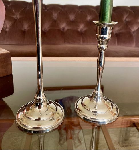 Pair of Slender 19th Century Style Silver Chrome Metal Candlesticks