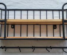 Wooden Wall Shelf with Black Metal Frame and Hooks