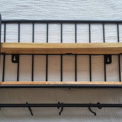 Wooden Wall Shelf with Black Metal Frame and Hooks