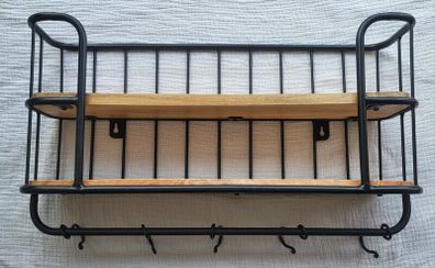 Wooden Wall Shelf with Black Metal Frame and Hooks