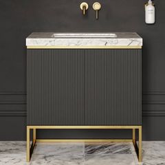 Brand New Belgravia 800mm Matte Black Fluted Floorstanding Vanity Unit with Marble Countertop. Unopened