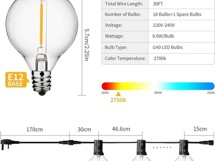 FREE EXPRESS SHIPPING LED Outdoor String Lights Mains Powered with Plastic Bulbs, 30FT Garden Patio String Lights Outdoor Festoon Lights with 16+1 E12 Bulbs for Indoor & Outdoor
