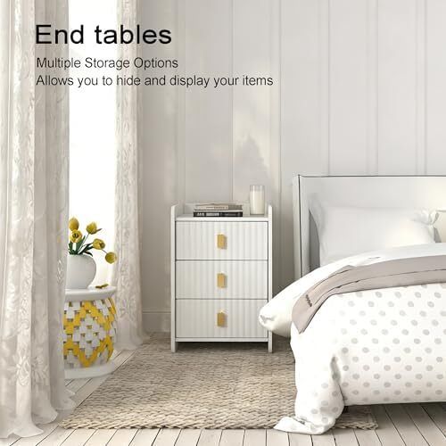Bedside Table with 3 Drawers - Modern Nightstand - Bedside Cabinet Wooden Fluted Easy to Assemble - Bed Side Table for Bedroom Living Room Small Spaces - 55 x 33 x 30 cm (White)