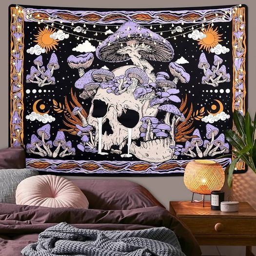MULTIPLE SIZES AVAILABLE Skull Tapestry Purple Mushroom Wall Hanging Skeleton Wall Tapestries Moon Sun Wall Towel Wall Art for Bedroom Living Room 59.1x51.2in