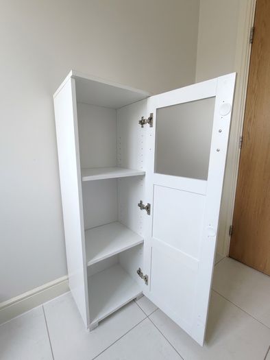 White Slim Tall Storage Cabinet with Frosted Glass Door (Excellent Condition)