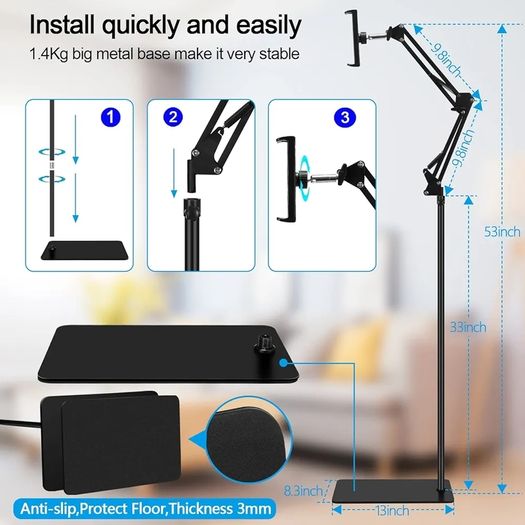 Tablet Floor Stand, Adjustable Universal 360 degree Rotatable Metal Tablet Holder, Phone Stand for iPad/iPhoneX/iPad Pro or Other 4.7 12.9 Inch Screen Devices (Black)