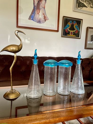 Set of Glass Genie Bottles with Turquoise Blue Flame Stoppers and Tall Containers with Mushroom Lids MCM Retro