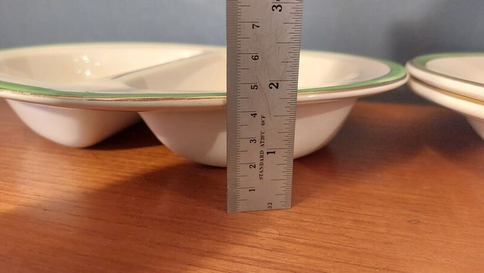 Vintage Divided Serving Bowl and a Matching Pair of Arklow Pottery Green and Gilt Rimmed 9.5" Rimmed Soup Bowls, Price for  All!
