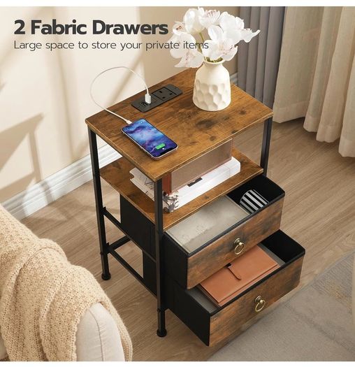 Bedside Table with Charging Station, Side Table with 2 USB Ports and Outlet