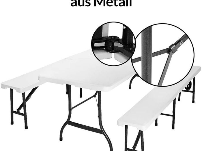 Beer tent set, foldable, 2 beer benches, 1 beer table, plastic handle, white, marquee set, camping garden furniture