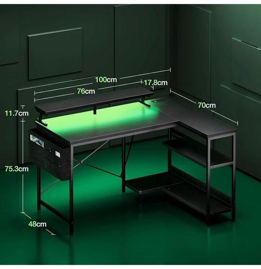L Shaped Gaming Desk with LED Lights, 100 x 70 cm