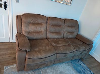 3 and 2 Seater Brown Suede Fabric Reclining Sofa