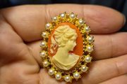 Vintage Cameo Brooch with Faux Pearls