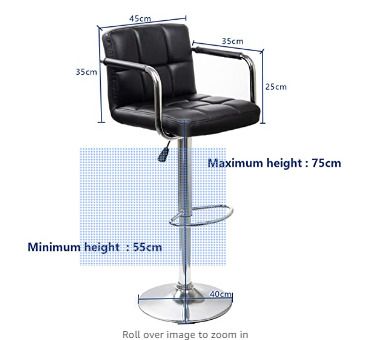 Black/Armrest 2 x Bar Stools with Backrest Height Adjustment, 360 Degree Rotation