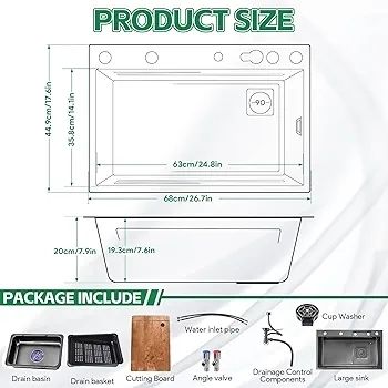 Drop-in Waterfall Sink Workstation with Faucet Combo and Cup Washer, 26.7" x 17.6" x 7.9" Stainless Steel Waterfall Bowl, Modern Smart Undermount Kitchen Unit, for Household Use, Gun Grey