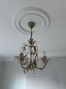 Pair of Spanish 5-Arm Crystal Chandeliers Distressed Cream