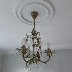 Pair of Spanish 5-Arm Crystal Chandeliers Distressed Cream