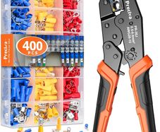 Insulated Wire Terminal Crimping Tool Kit Preciva Black 0.5/6mm Ratchet Crimp Plier, Electrician Cable Lug Pliers Set with 400pcs Insulated Butt Bullet Spade Ring Crimper Connectors