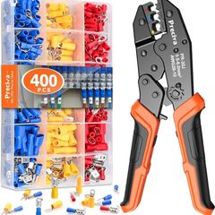 Insulated Wire Terminal Crimping Tool Kit Preciva Black 0.5/6mm Ratchet Crimp Plier, Electrician Cable Lug Pliers Set with 400pcs Insulated Butt Bullet Spade Ring Crimper Connectors