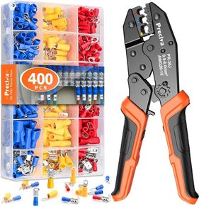Insulated Wire Terminal Crimping Tool Kit Preciva Black 0.5/6mm Ratchet Crimp Plier, Electrician Cable Lug Pliers Set with 400pcs Insulated Butt Bullet Spade Ring Crimper Connectors