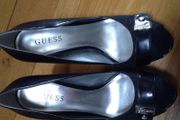 Guess Black Leather Peeptoe Platform Shoes size 6