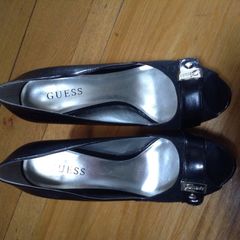 Guess Black Leather Peeptoe Platform Shoes size 6