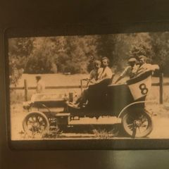 Antique glass lantern slide - photo of 4 young men sitting on antique car