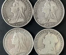 4 Queen Victoria Silver Crowns, Mixed Condition, approx 111g .925
