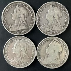 4 Queen Victoria Silver Crowns, Mixed Condition, approx 111g .925