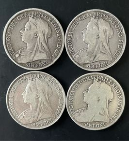 4 Queen Victoria Silver Crowns, Mixed Condition, approx 111g .925