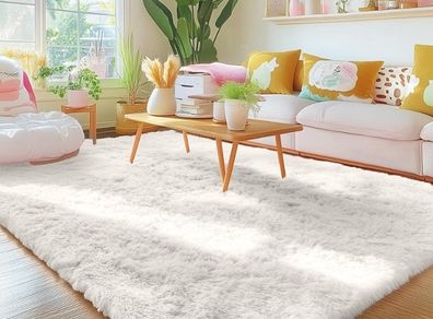 Fluffy Washable Large Rugs Living Room 120 x 160 cm, Cream  Anti Slip Carpet, Soft Thick Pile Bedside Rug, Shaggy Rugs for Kids Bedroom, Nursery