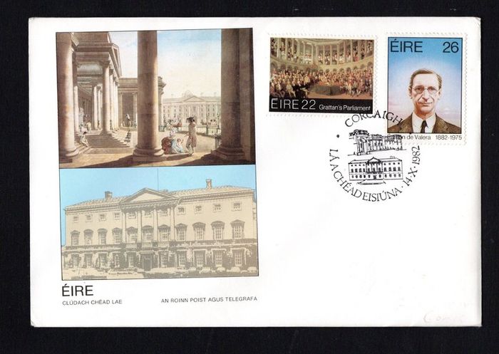 1982 Ireland Anniversaries: Bi-Centenary of Grattan's Parliament. Centenary of the Birth of Eamon DeValera Commemorative Stamps P&T First Day Cover (FDC) with Cork Cancel
