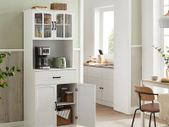 Tall Kitchen Storage Cabinet with Drawer and Upper Glass Doors white