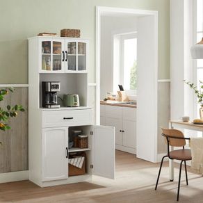 Tall Kitchen Storage Cabinet with Drawer and Upper Glass Doors white