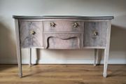 Whitewashed Vintage Serpentine Sideboard with Glass Top