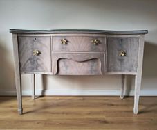 Whitewashed Vintage Serpentine Sideboard with Glass Top