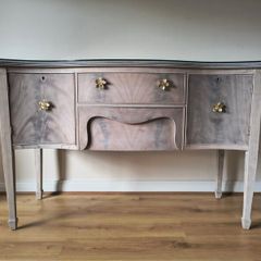Whitewashed Vintage Serpentine Sideboard with Glass Top