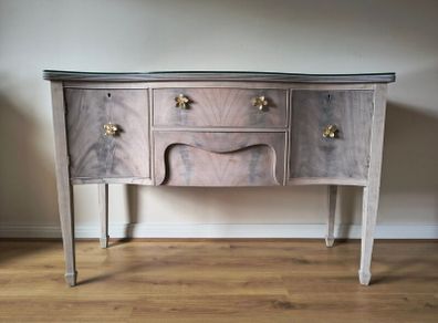 Whitewashed Vintage Serpentine Sideboard with Glass Top
