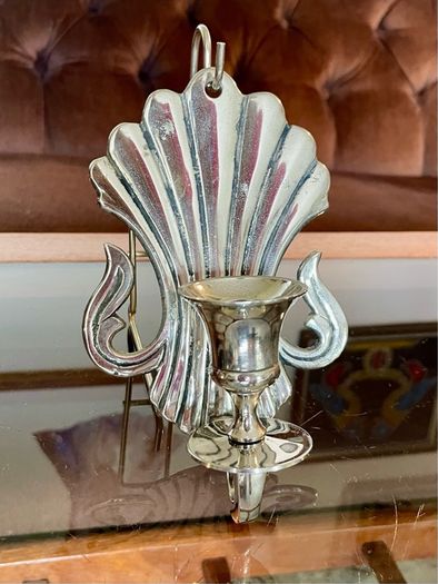 Antique Silver Colour Art Deco Style Retro Decor Scallop Shell Candle Sconce 1920s