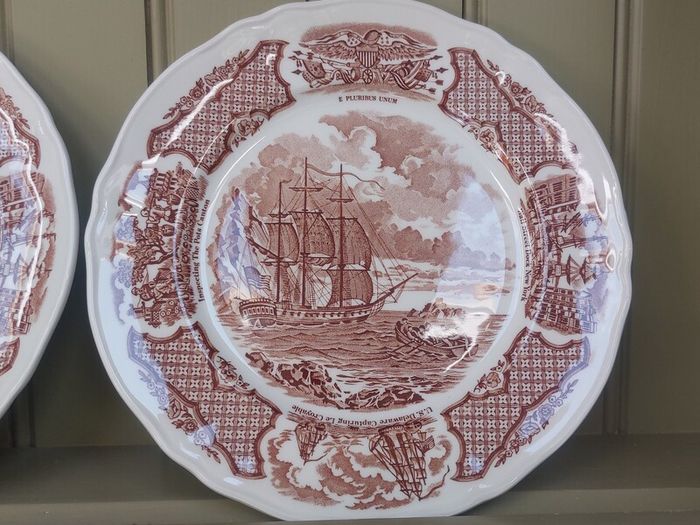 Vintage Set of Six Brown and White Fair Winds, Historical Scenes of Chinese Export to America - "The George Washington at Anchor" Salad Plates by Alfred Meakin