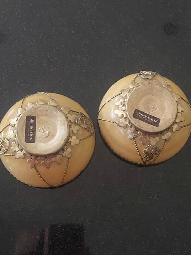 Pair of  beautiful Minnie Peters polished stone and  gilt metal matching dishes