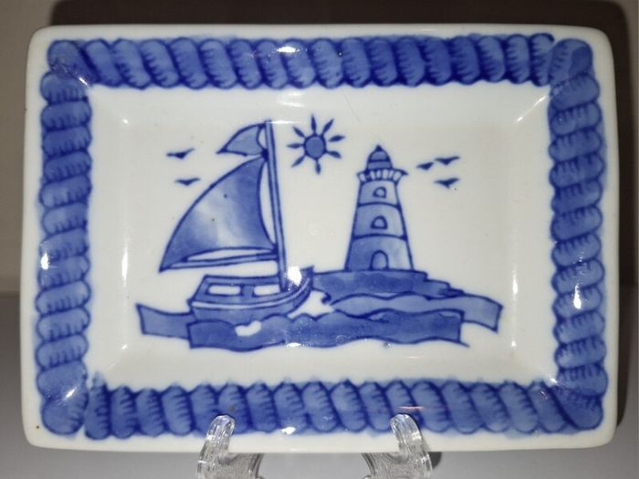 SALE! Blue / White Trinket Dish with Boat and Lighthouse